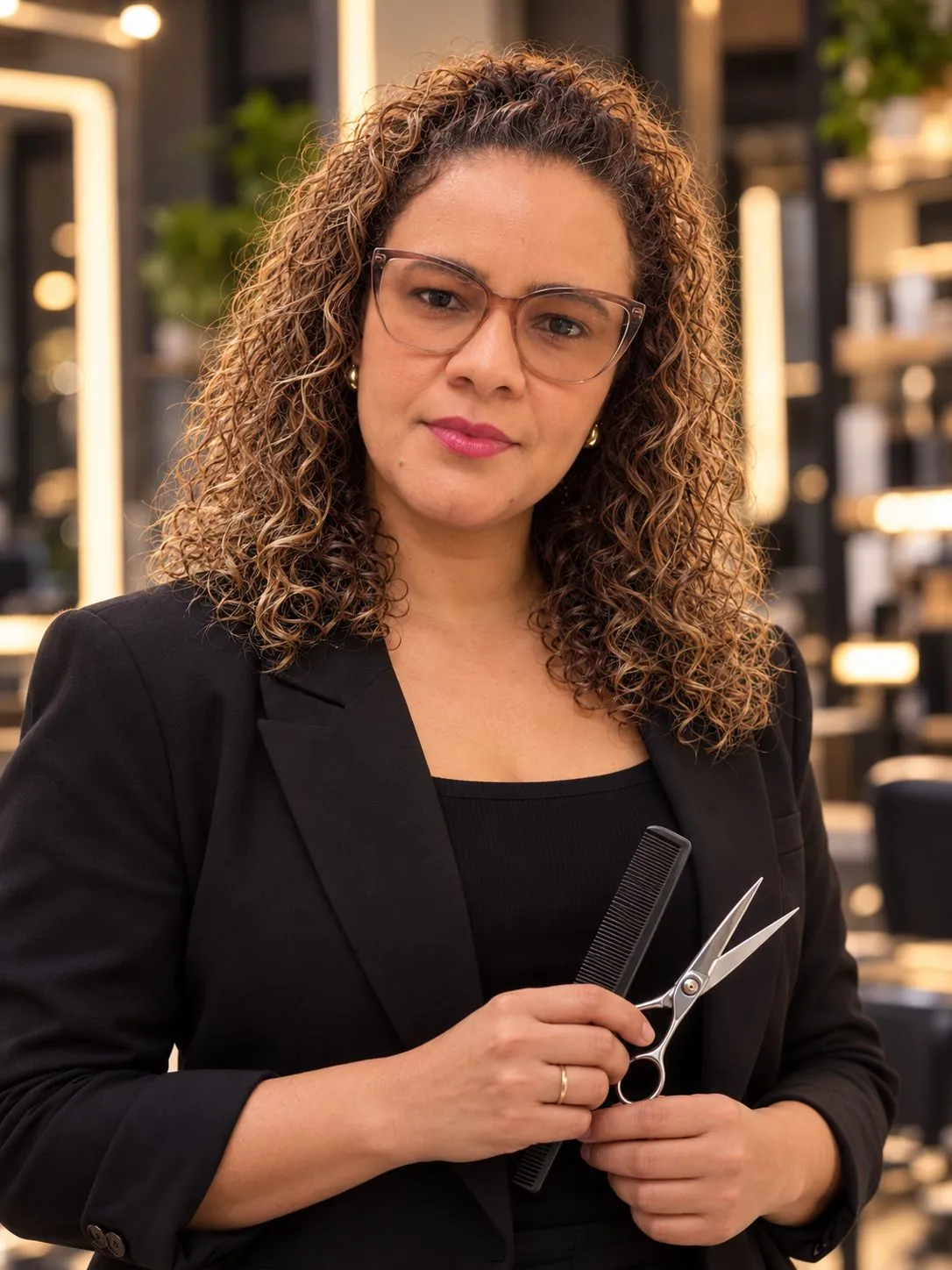 Sandra Maria holding scissors and comb in the salon